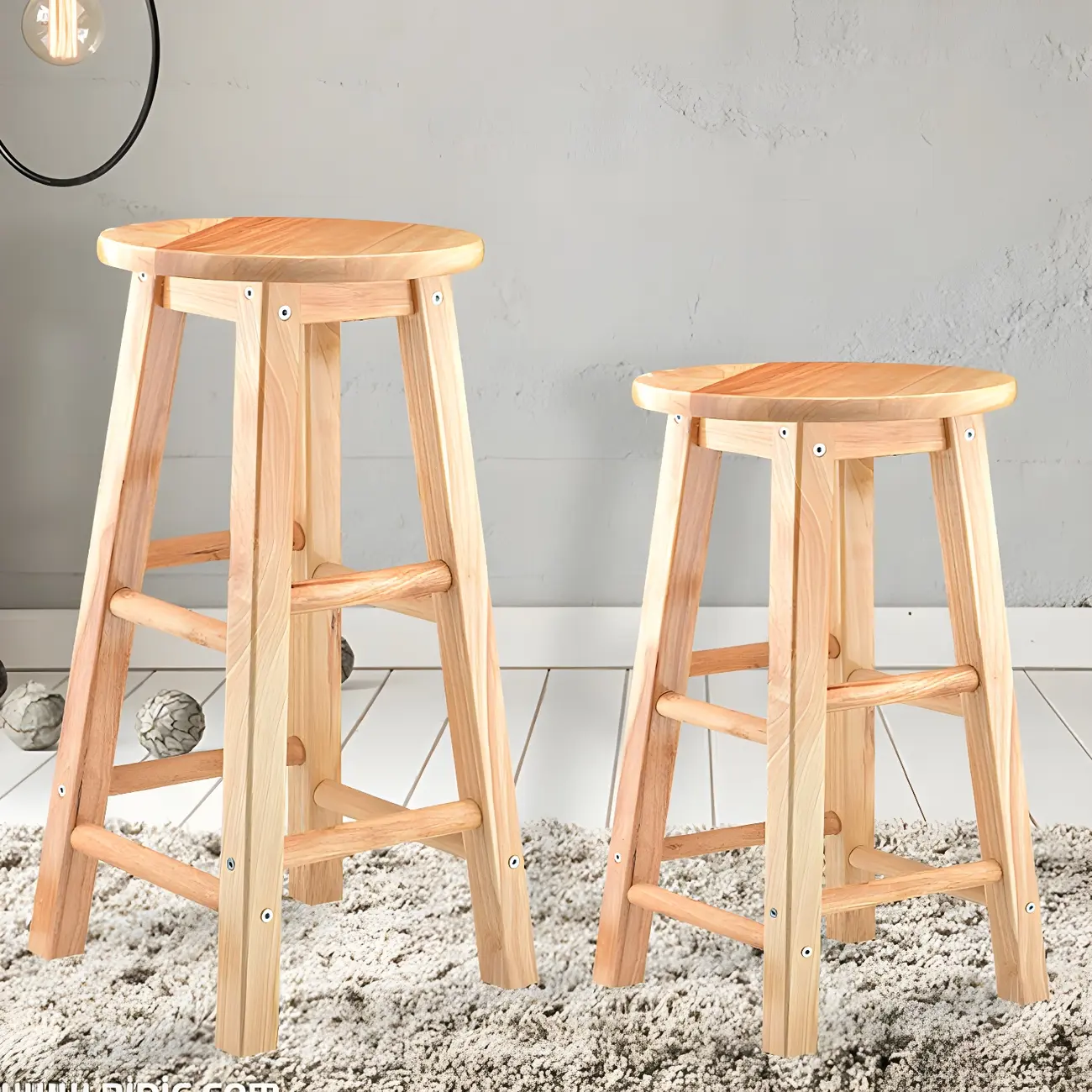 Round Oak Wood Backless Footrest Bar Stools Image - 1 | homeyfad