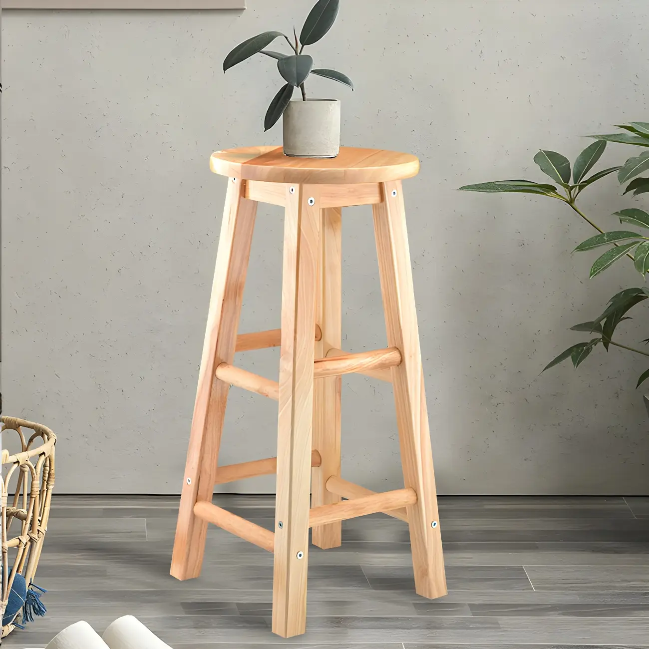 Round Oak Wood Backless Footrest Bar Stools Image - 2 | homeyfad