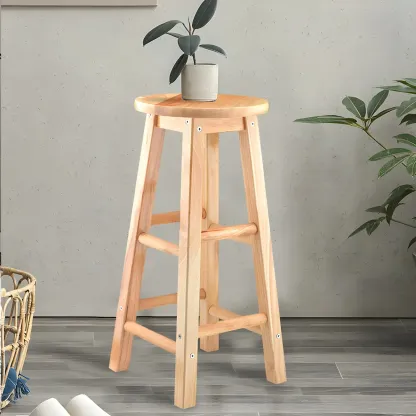 Round Oak Wood Backless Counter Height Bar Stool  Image - 4