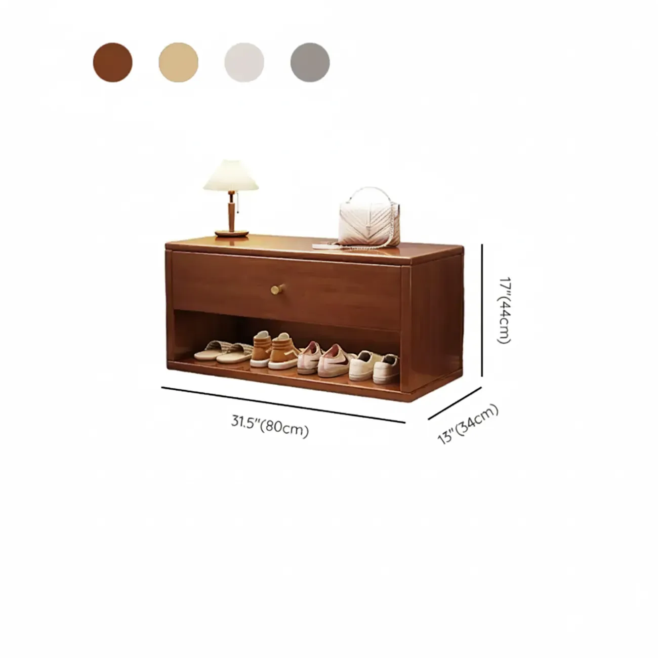 Compact Walnut Wood Storage Entryway Bench with Drawer Image - 12