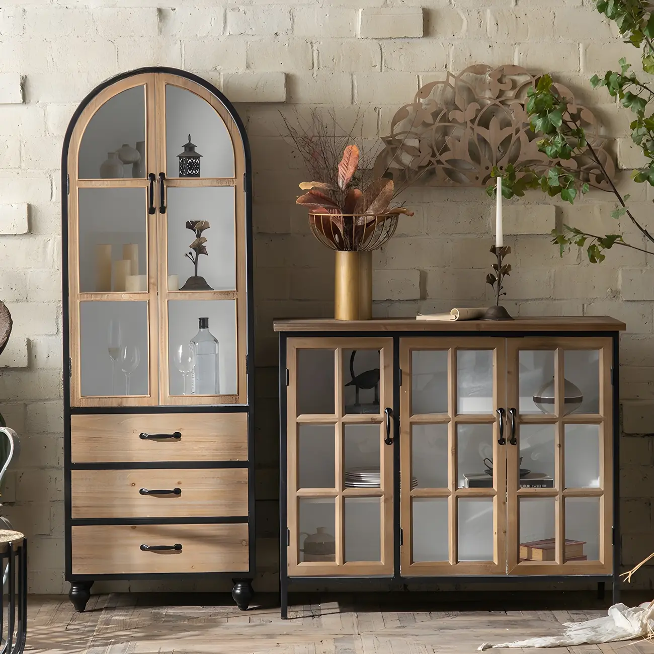 Rustic Wooden Glass Door Display Cabinet in Natural Finish Image - 1 | homeyfad