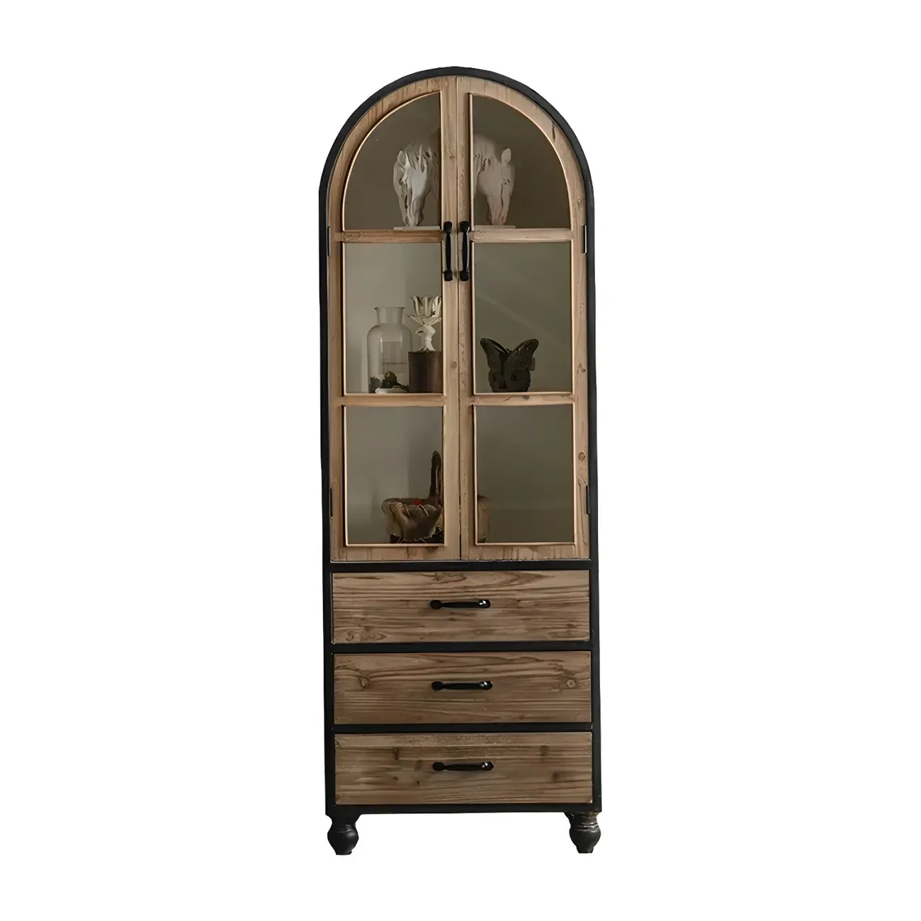 Rustic Wooden Glass Door Display Cabinet in Natural Finish Image - 2