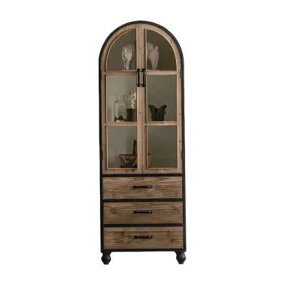 Rustic Wooden Glass Door Display Cabinet in Natural Finish Image - 2