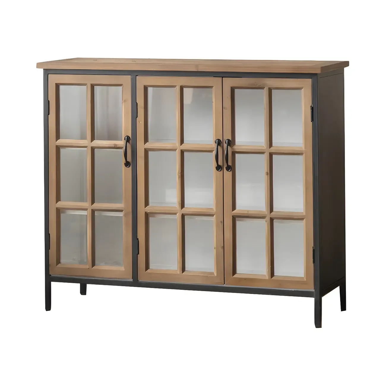 Rustic Wooden Glass Door Display Cabinet in Natural Finish Image - 3