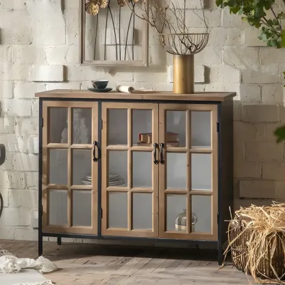 Rustic Wooden Glass Door Display Cabinet in Natural Finish Image - 4