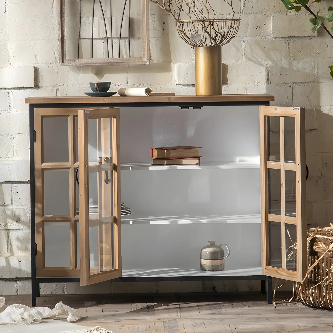 Rustic Wooden Glass Door Display Cabinet in Natural Finish Image - 2 | homeyfad