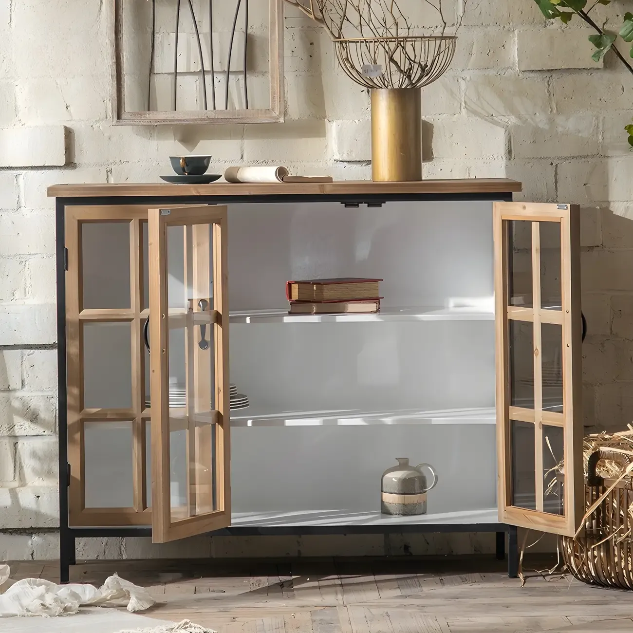 Rustic Wooden Glass Door Display Cabinet in Natural Finish Image - 5