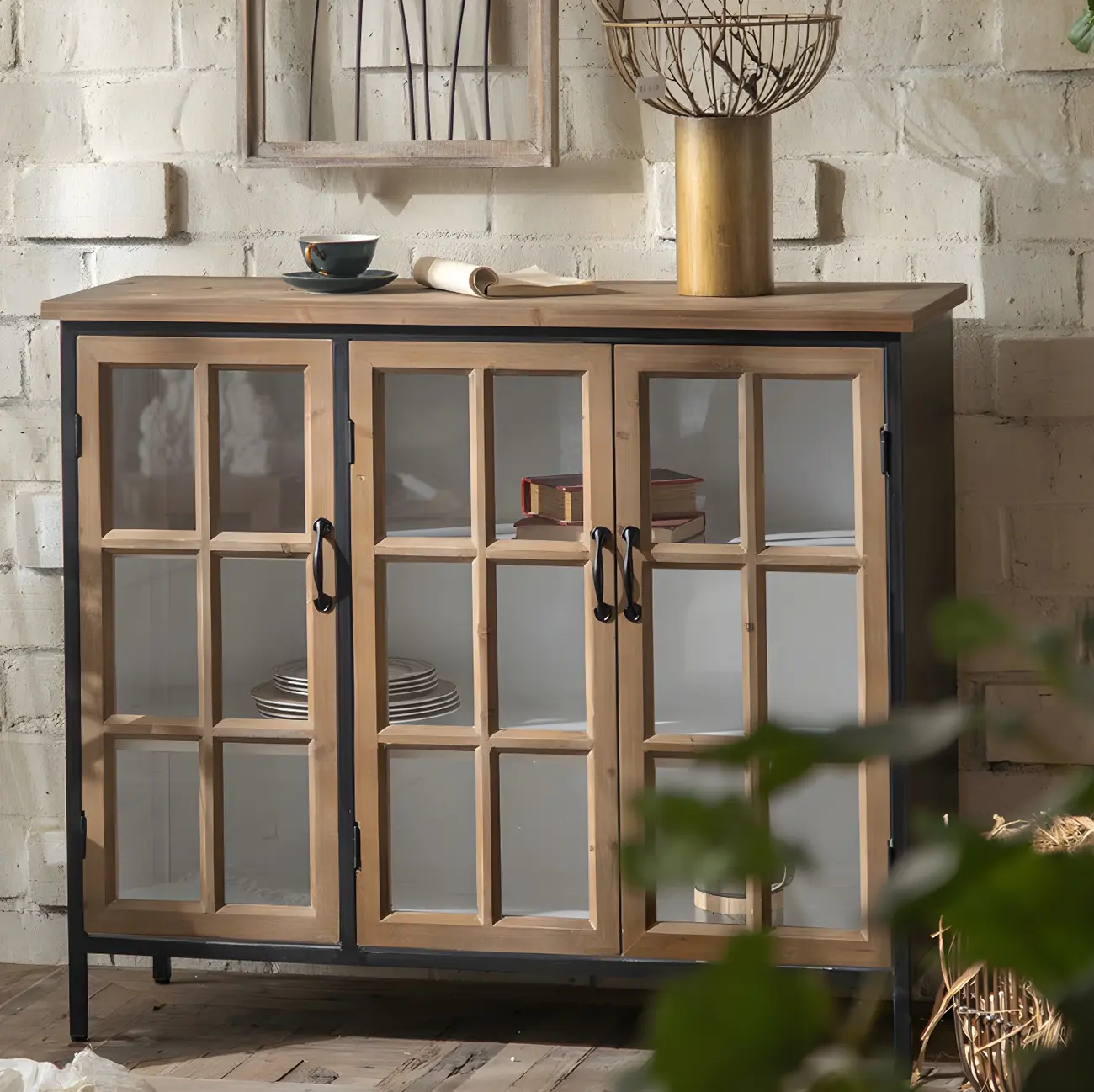 Rustic Wooden Glass Door Display Cabinet in Natural Finish Image - 6 | homeyfad