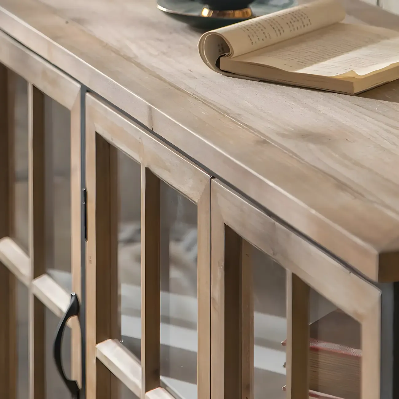 Rustic Wooden Glass Door Display Cabinet in Natural Finish Image - 8