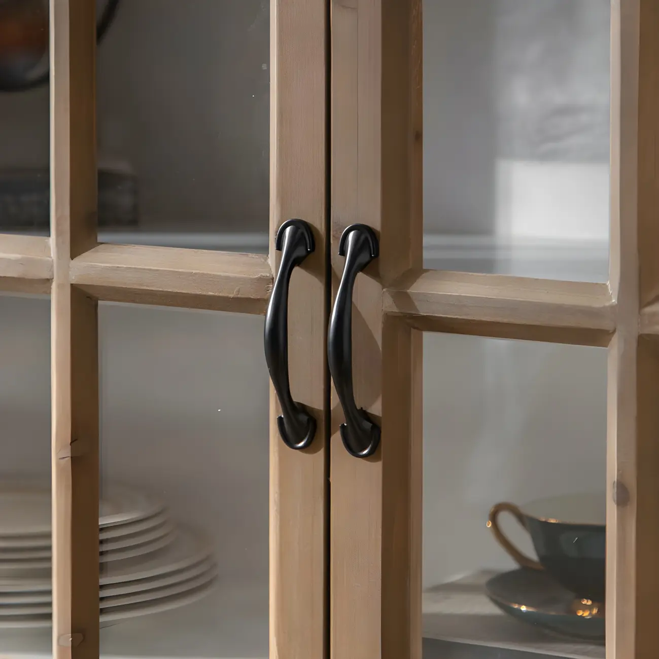 Rustic Wooden Glass Door Display Cabinet in Natural Finish Image - 9 | homeyfad