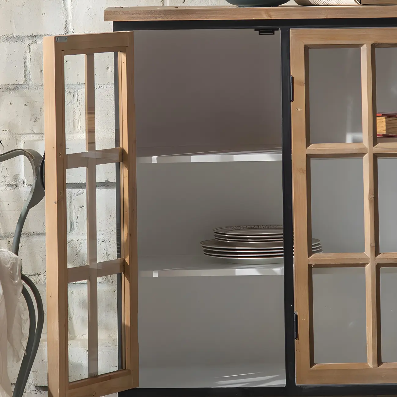 Rustic Wooden Glass Door Display Cabinet in Natural Finish Image - 10 | homeyfad