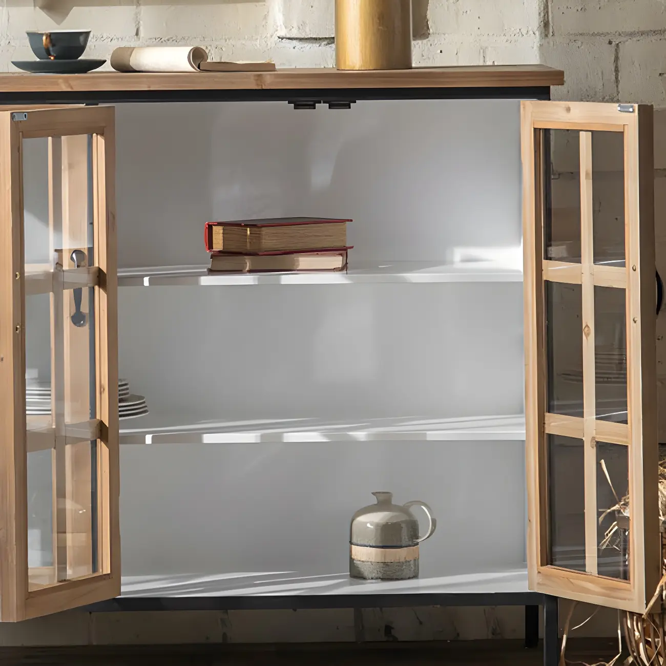 Rustic Wooden Glass Door Display Cabinet in Natural Finish Image - 11 | homeyfad