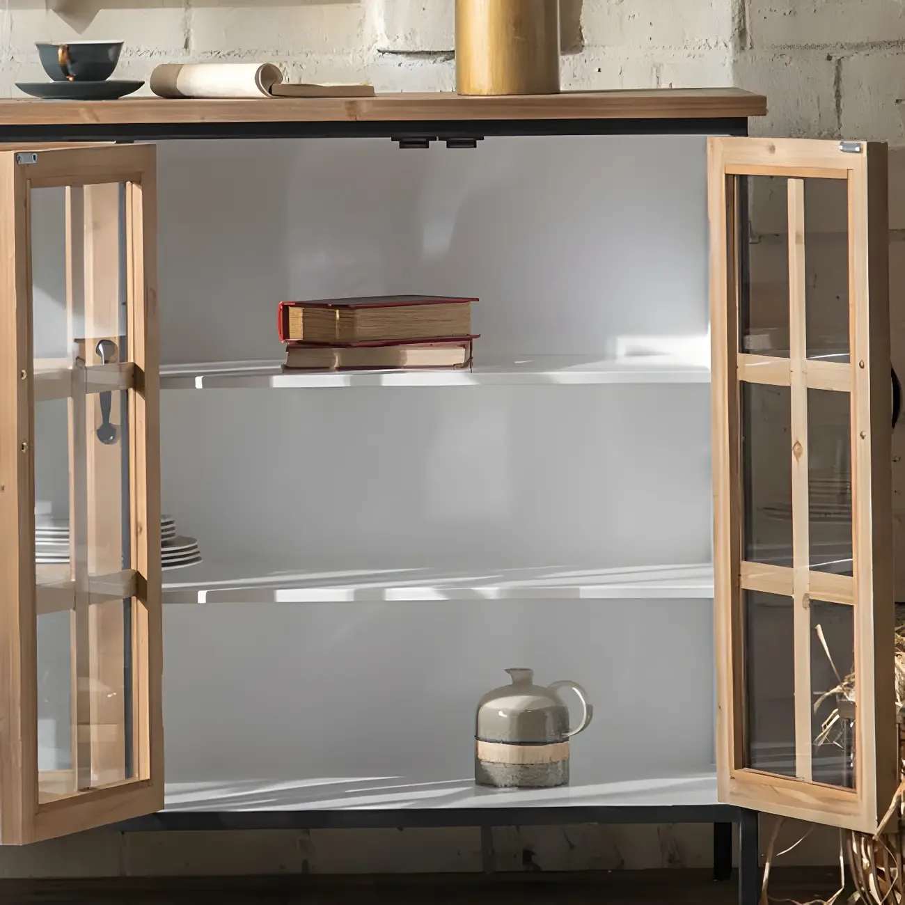 Rustic Wooden Glass Door Display Cabinet in Natural Finish Image - 11