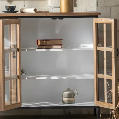 Rustic Wooden Glass Door Display Cabinet in Natural Finish Image - 11