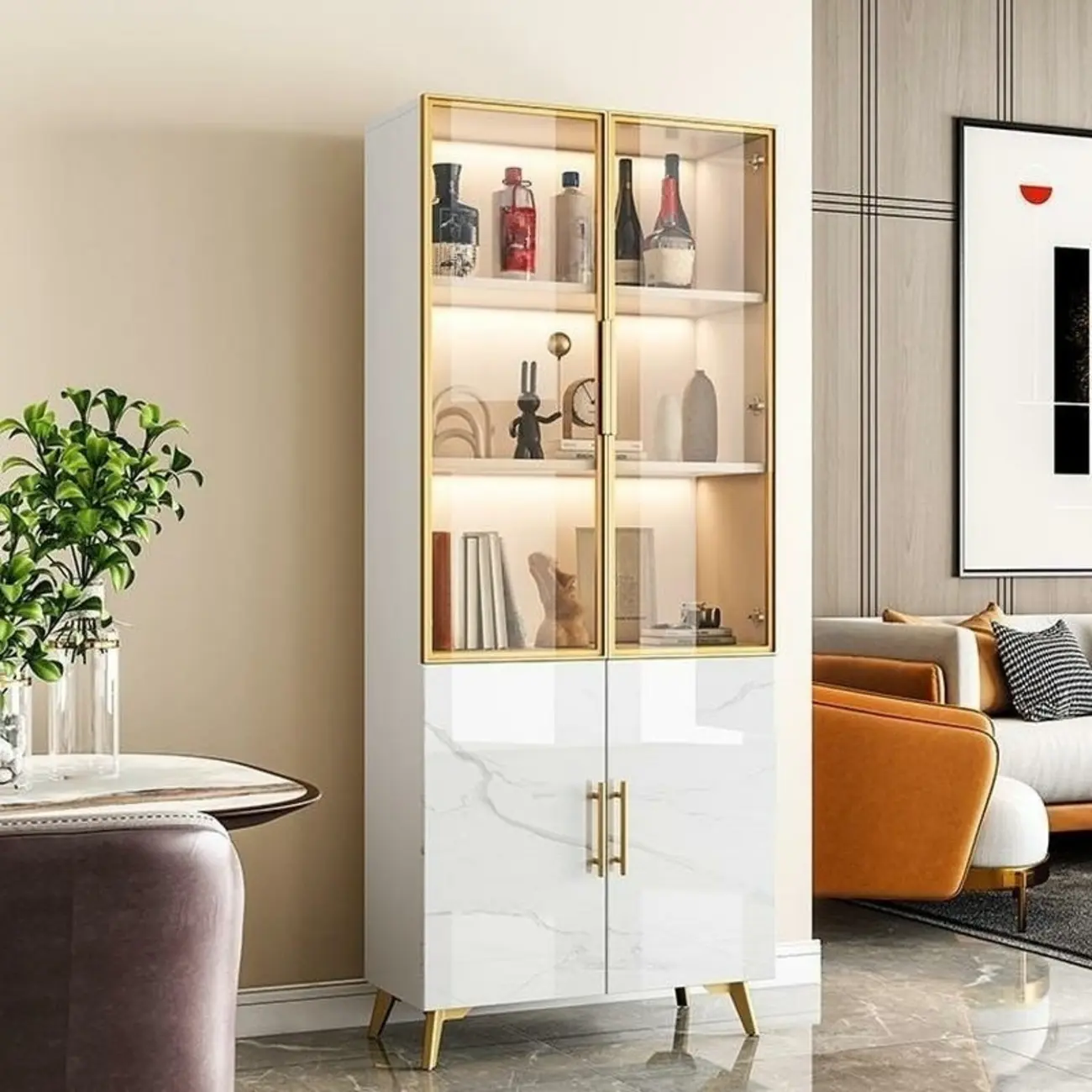 Modern White Marble-Textured Wood Glass Storage Cabinet Image - 2 | homeyfad