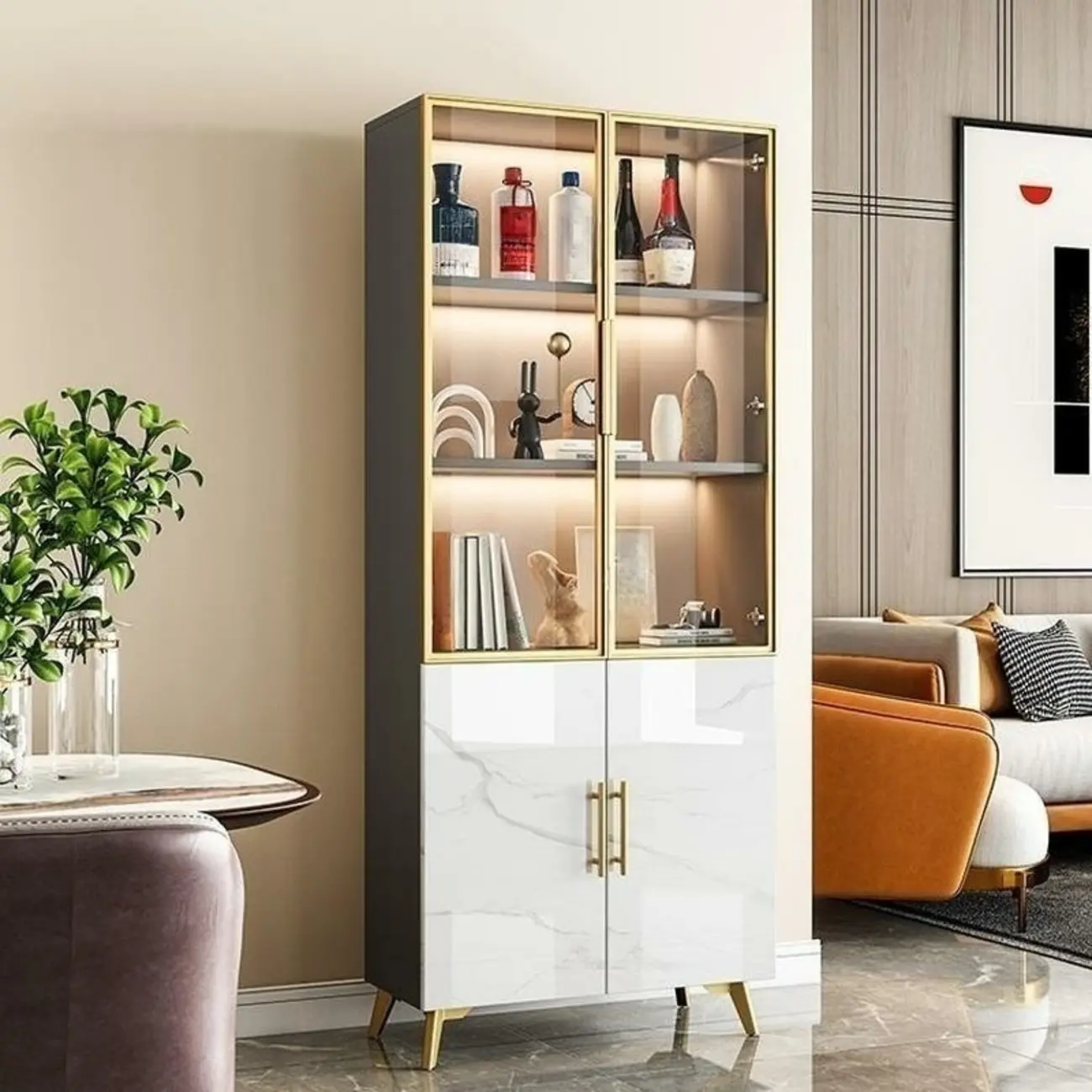 Modern White Marble-Textured Wood Glass Storage Cabinet Image - 3 | homeyfad