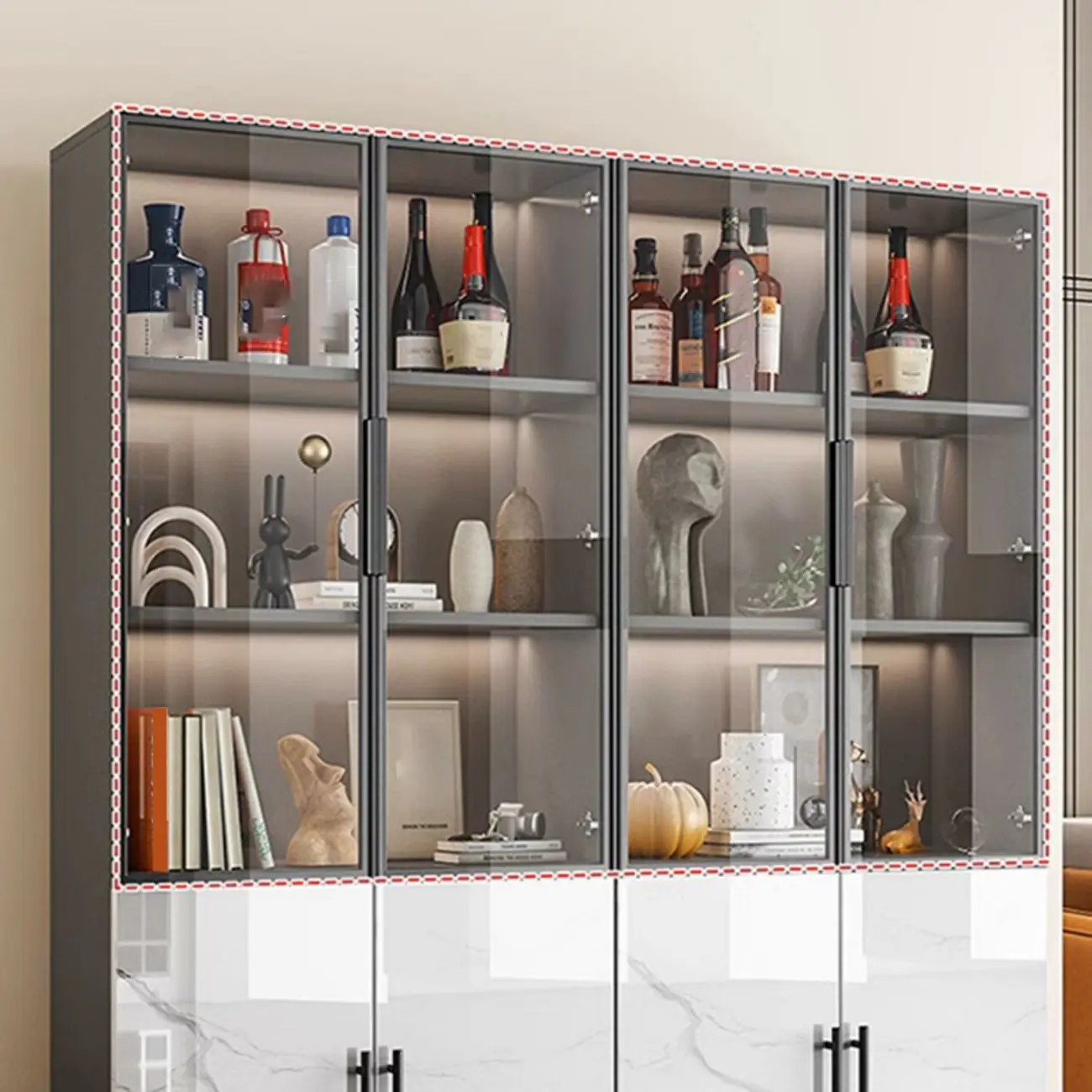 Modern White Marble-Textured Wood Glass Storage Cabinet Image - 5 | homeyfad