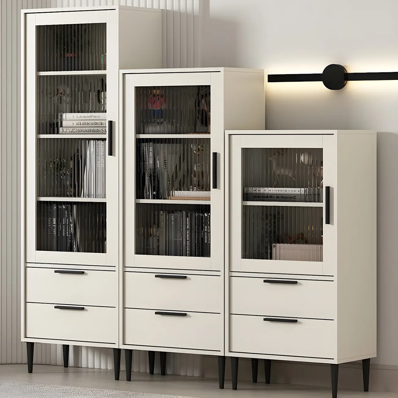 Modern Stylish Cream White Wood Glass Storage Cabinet Image - 4 | homeyfad