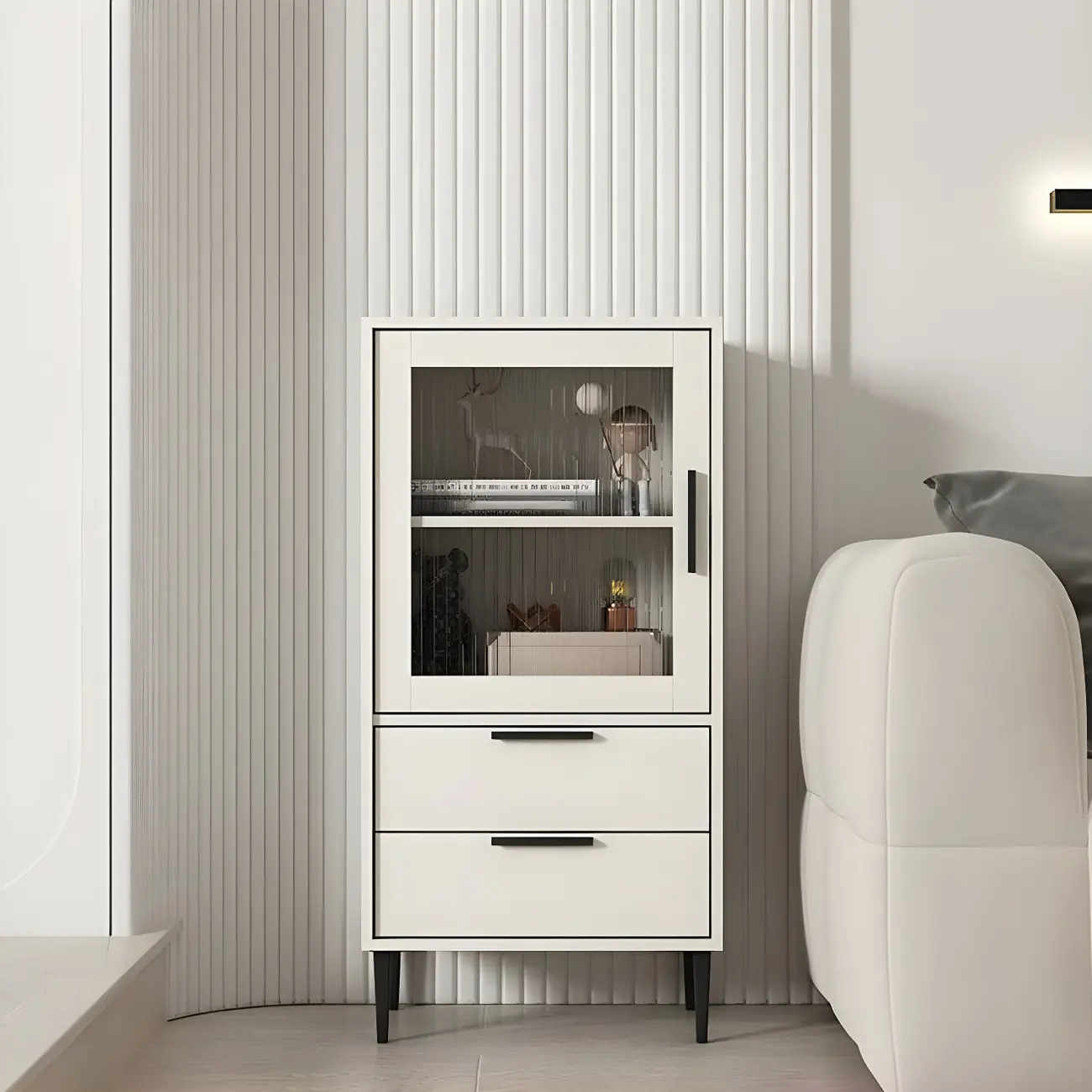 Modern Stylish Cream White Wood Glass Storage Cabinet Image - 1 | homeyfad