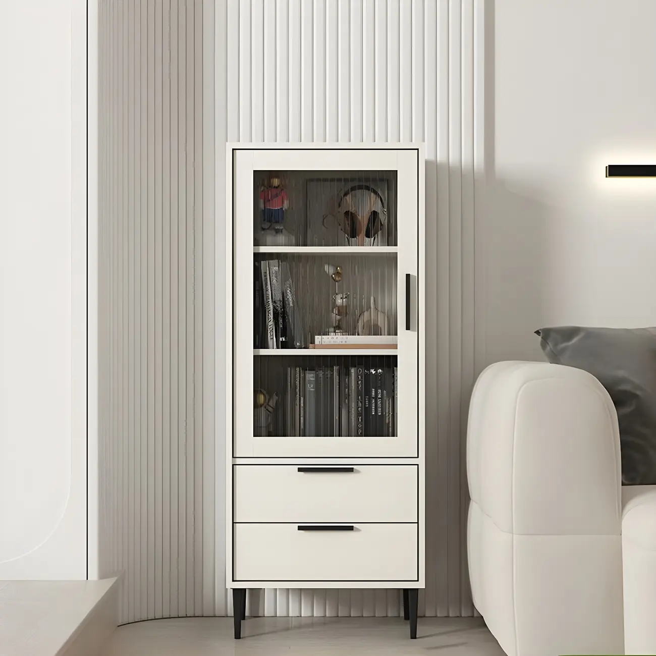 Modern Stylish Cream White Wood Glass Storage Cabinet Image - 2 | homeyfad