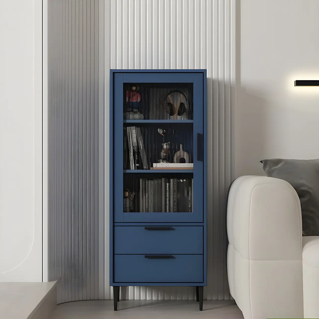 Modern Stylish Cream White Wood Glass Storage Cabinet Image - 6 | homeyfad