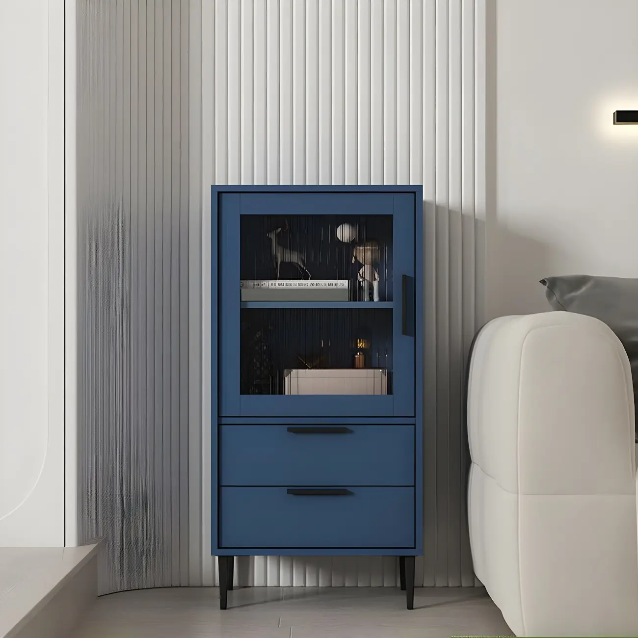 Modern Stylish Cream White Wood Glass Storage Cabinet Image - 9 | homeyfad