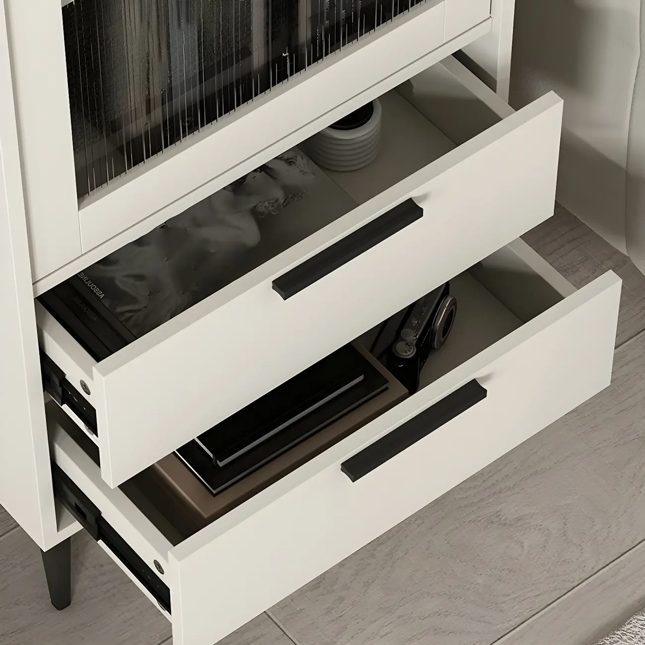Modern Stylish Cream White Wood Glass Storage Cabinet Image - 10 | homeyfad