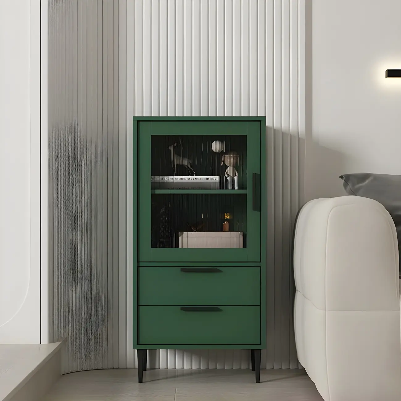 Modern Stylish Cream White Wood Glass Storage Cabinet Image - 13 | homeyfad