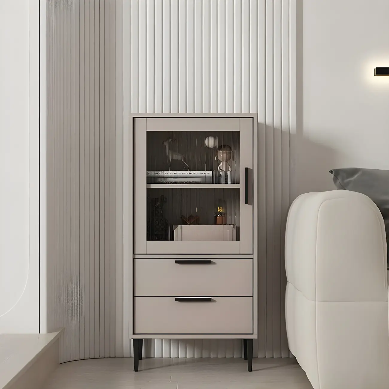 Modern Stylish Cream White Wood Glass Storage Cabinet Image - 18 | homeyfad