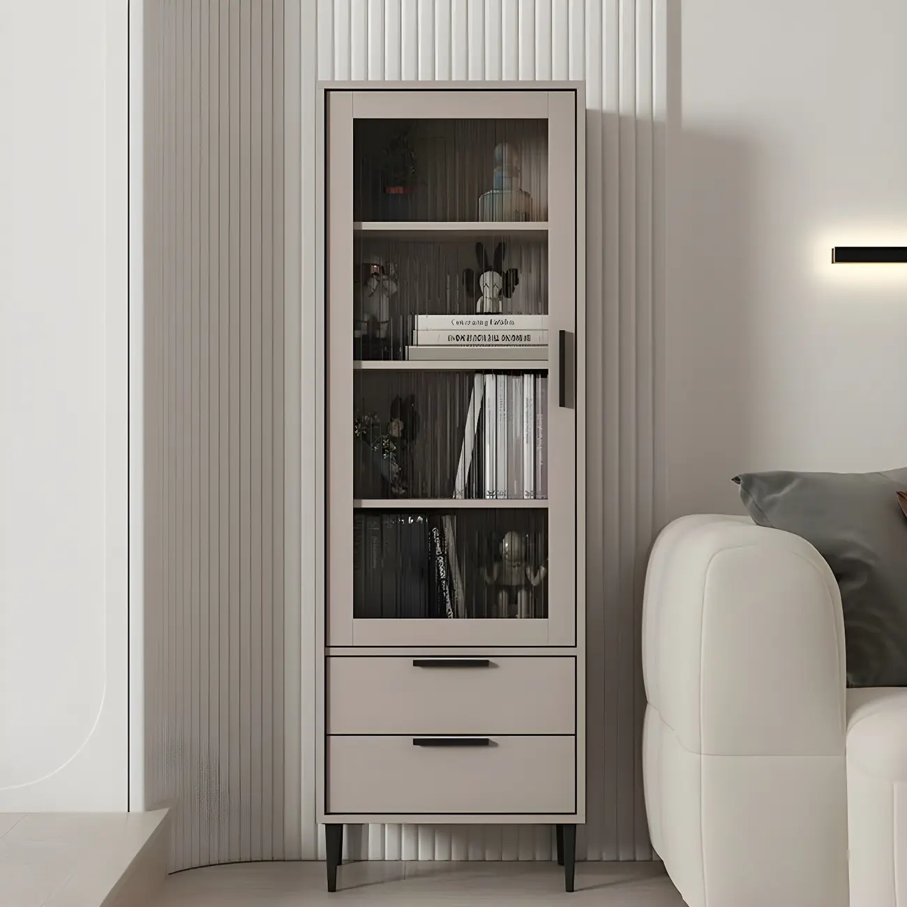 Modern Stylish Cream White Wood Glass Storage Cabinet Image - 19 | homeyfad