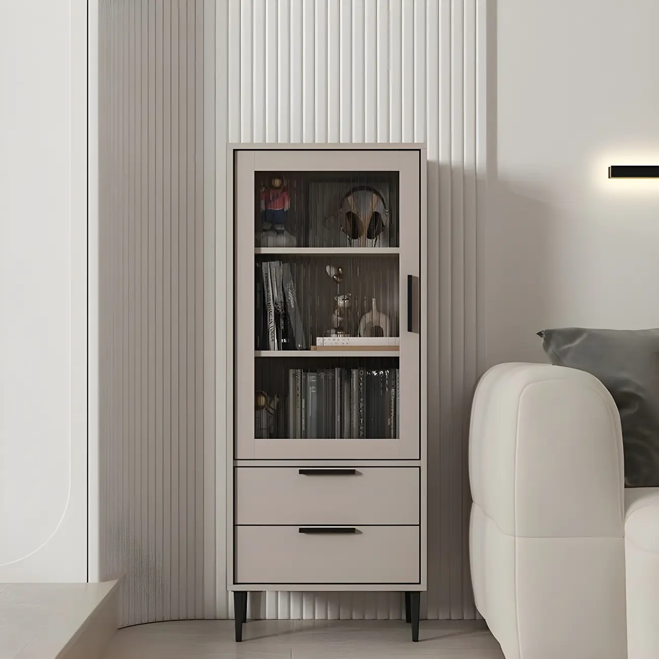 Modern Stylish Cream White Wood Glass Storage Cabinet Image - 20 | homeyfad