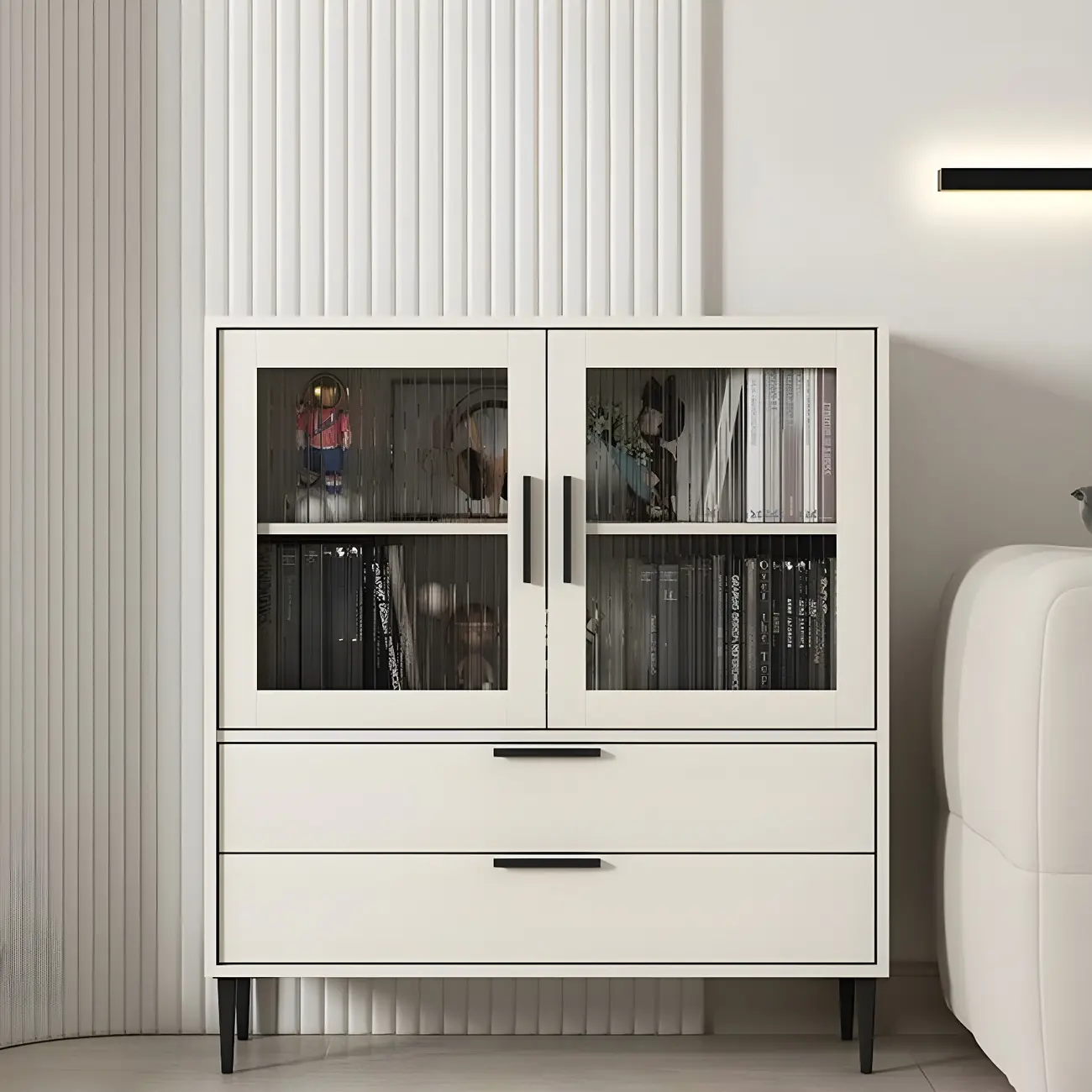 Modern Stylish Cream White Wood Glass Storage Cabinet Image - 21 | homeyfad