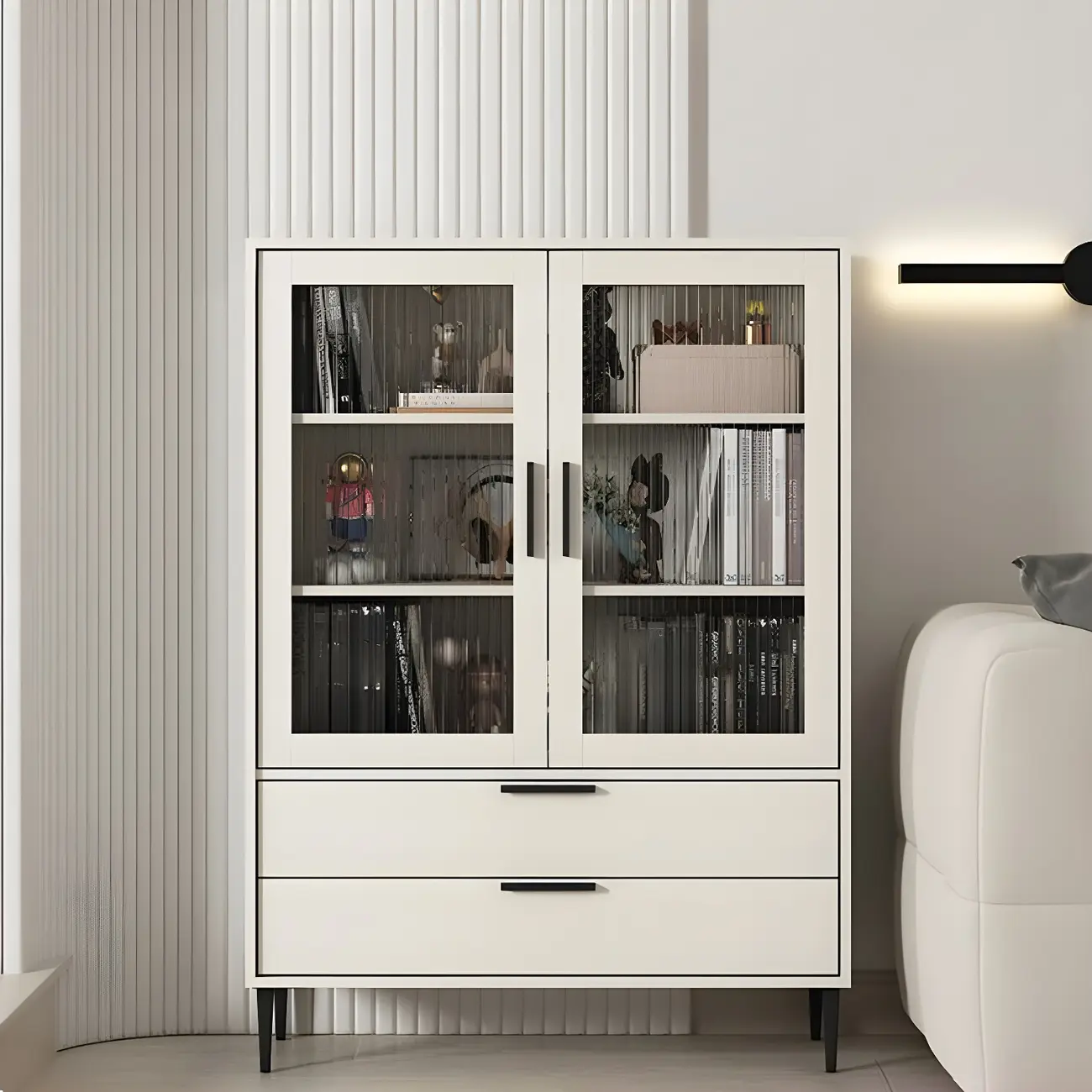 Modern Stylish Cream White Wood Glass Storage Cabinet Image - 22 | homeyfad