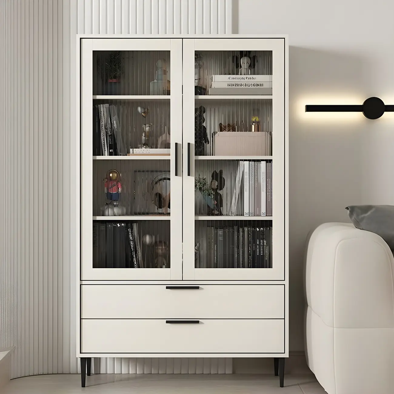 Modern Stylish Cream White Wood Glass Storage Cabinet Image - 23 | homeyfad