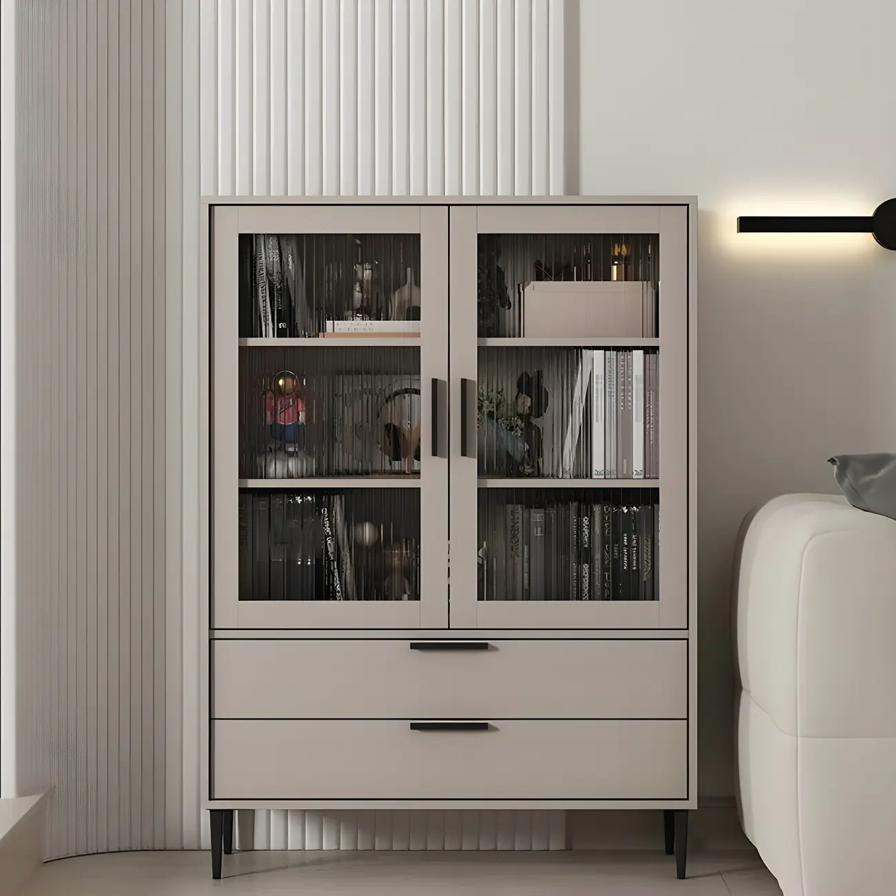 Modern Stylish Cream White Wood Glass Storage Cabinet Image - 24 | homeyfad
