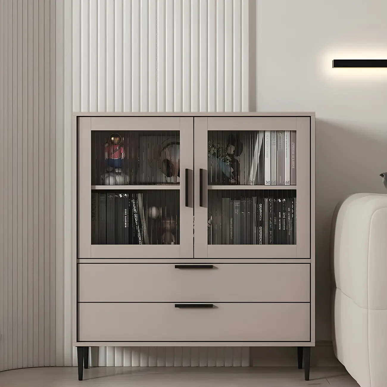 Modern Stylish Cream White Wood Glass Storage Cabinet Image - 25 | homeyfad