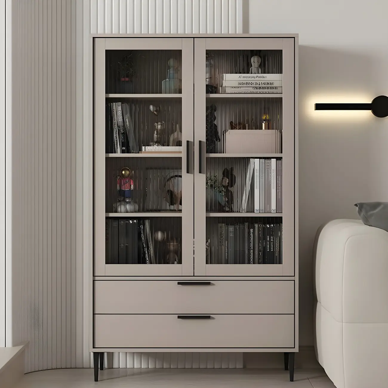 Modern Stylish Cream White Wood Glass Storage Cabinet Image - 26 | homeyfad