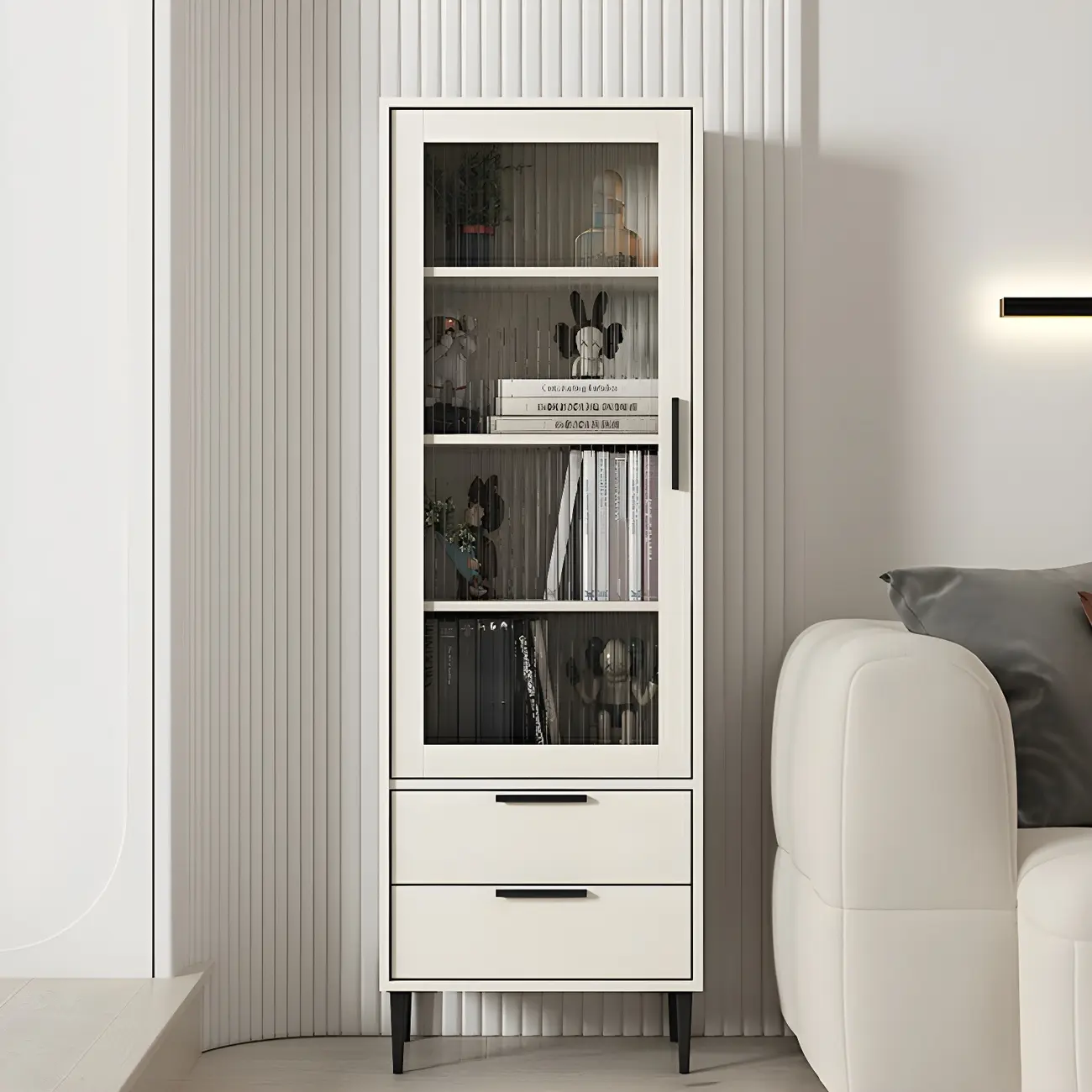 Modern Stylish Cream White Wood Glass Storage Cabinet Image - 3 | homeyfad