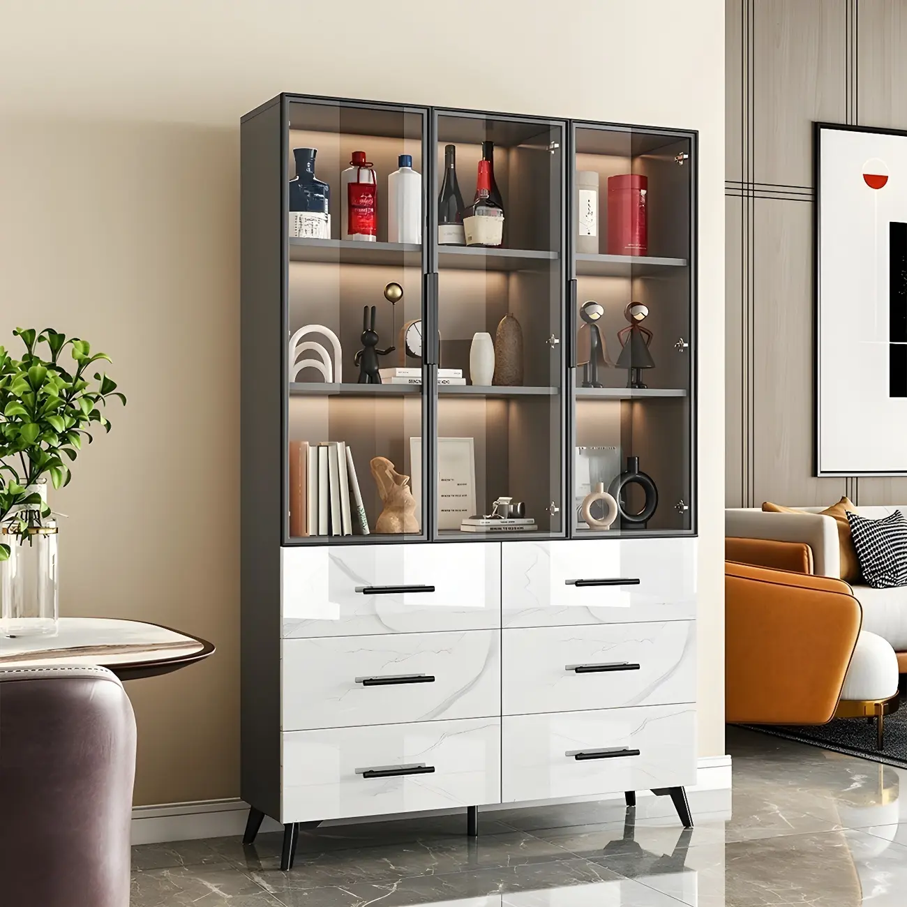 Modern Marble-Textured Wood Glass Display Storage Cabinet Image - 2 | homeyfad