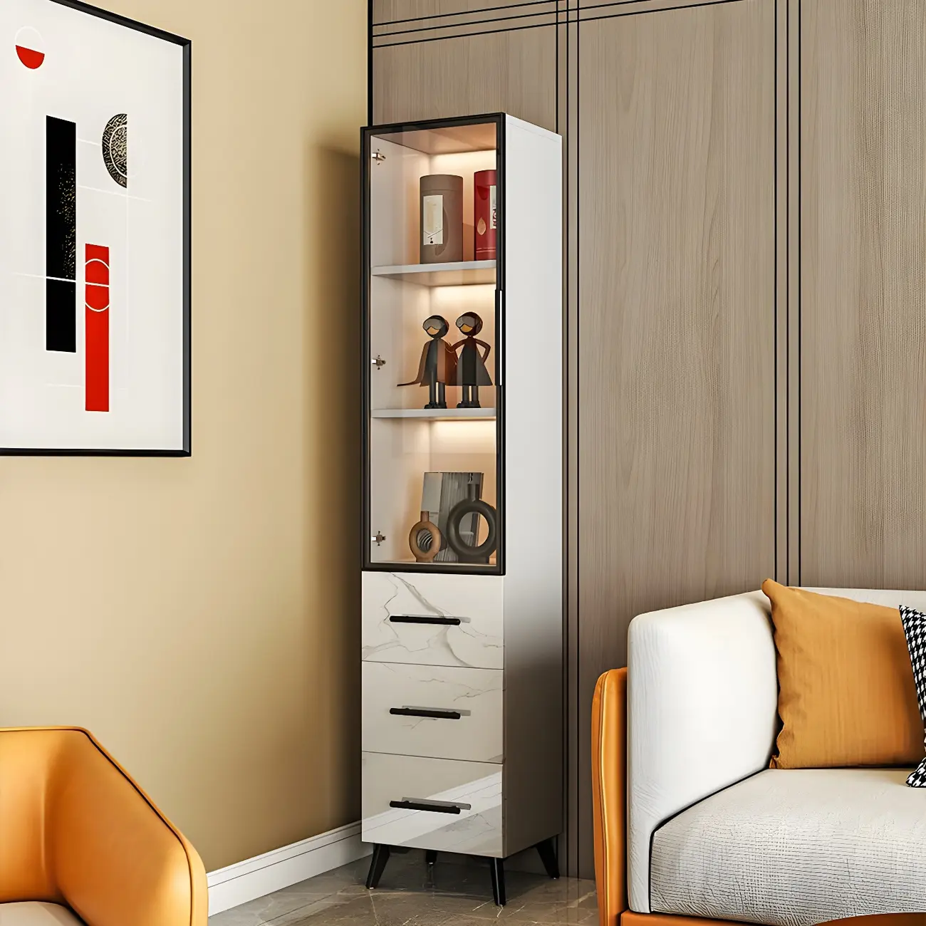 Modern Marble-Textured Wood Glass Display Storage Cabinet Image - 3 | homeyfad