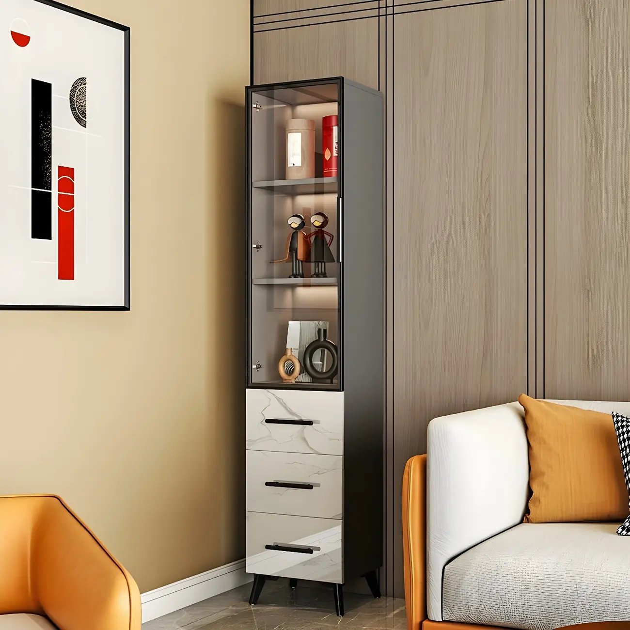 Modern Marble-Textured Wood Glass Display Storage Cabinet Image - 4 | homeyfad