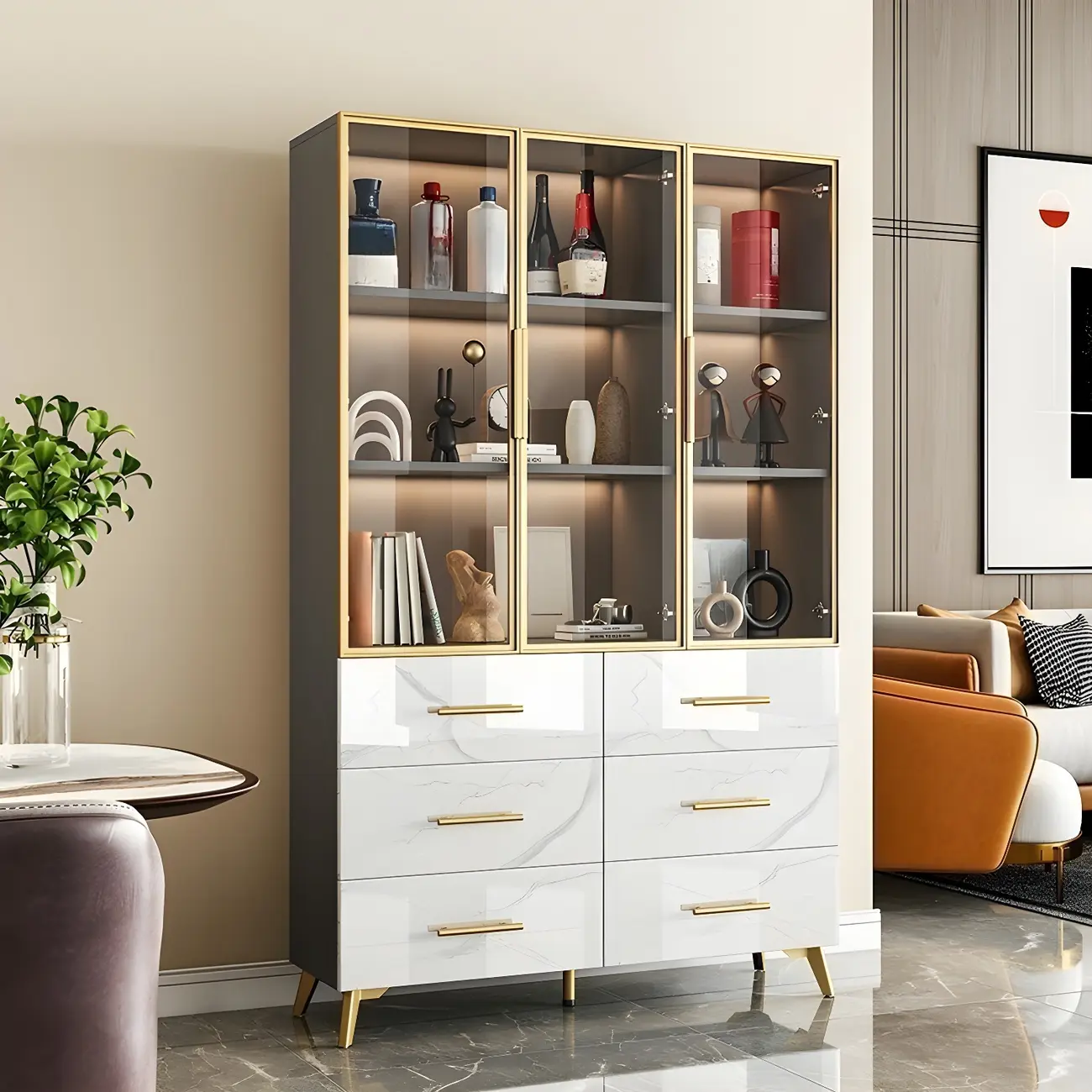 Modern Marble-Textured Wood Glass Display Storage Cabinet Image - 7 | homeyfad