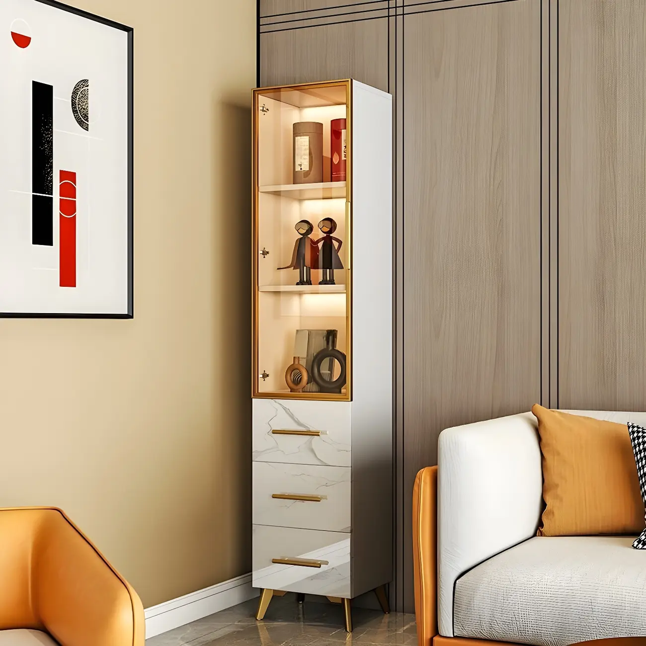 Modern Marble-Textured Wood Glass Display Storage Cabinet Image - 13 | homeyfad