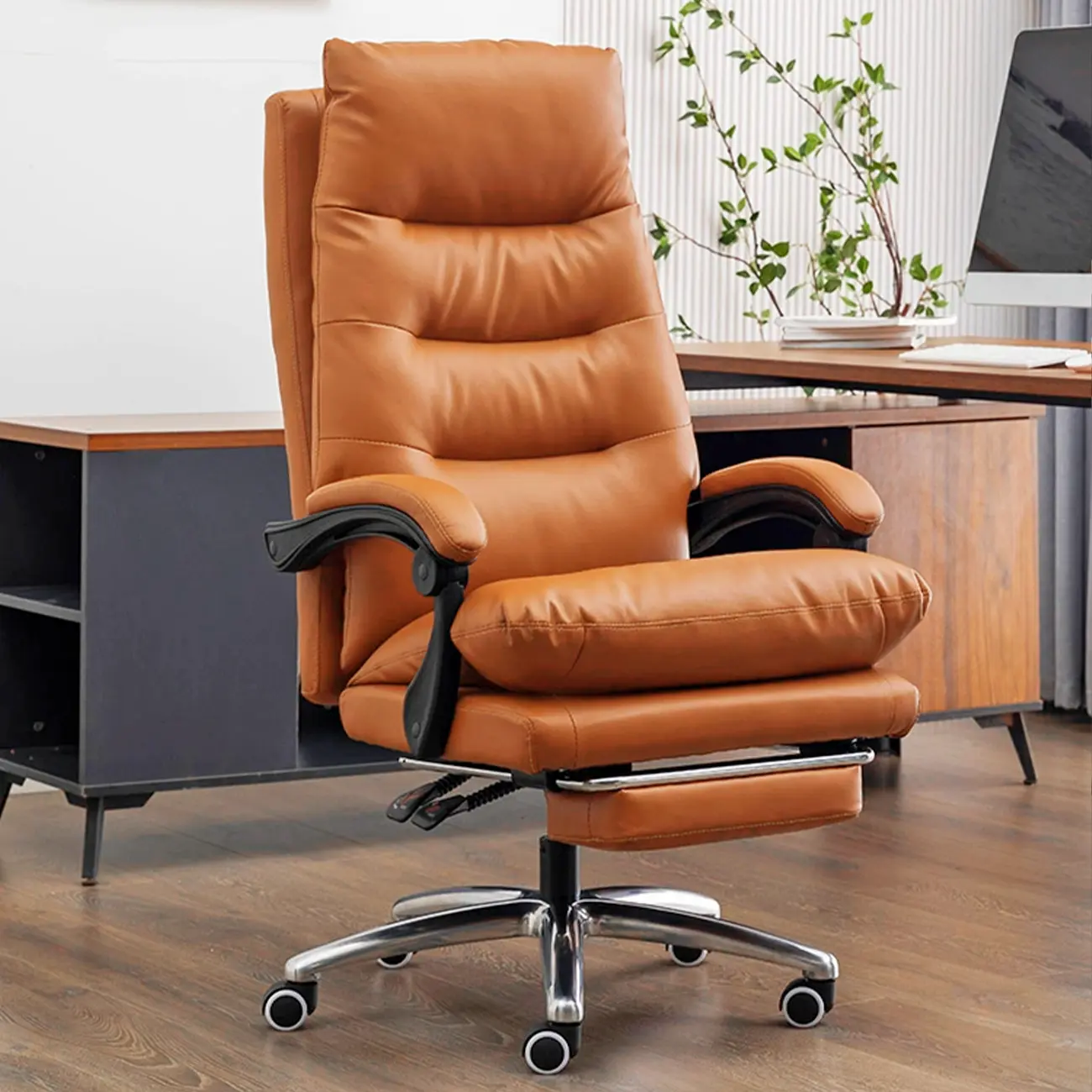Ergonomic Leather Reclining Executive Office Chair with Footrest Image - 4 | homeyfad