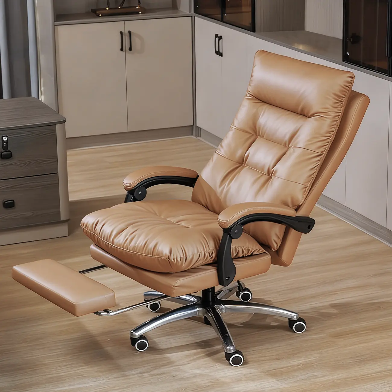 Ergonomic Leather Reclining Executive Office Chair with Footrest Image - 6 | homeyfad