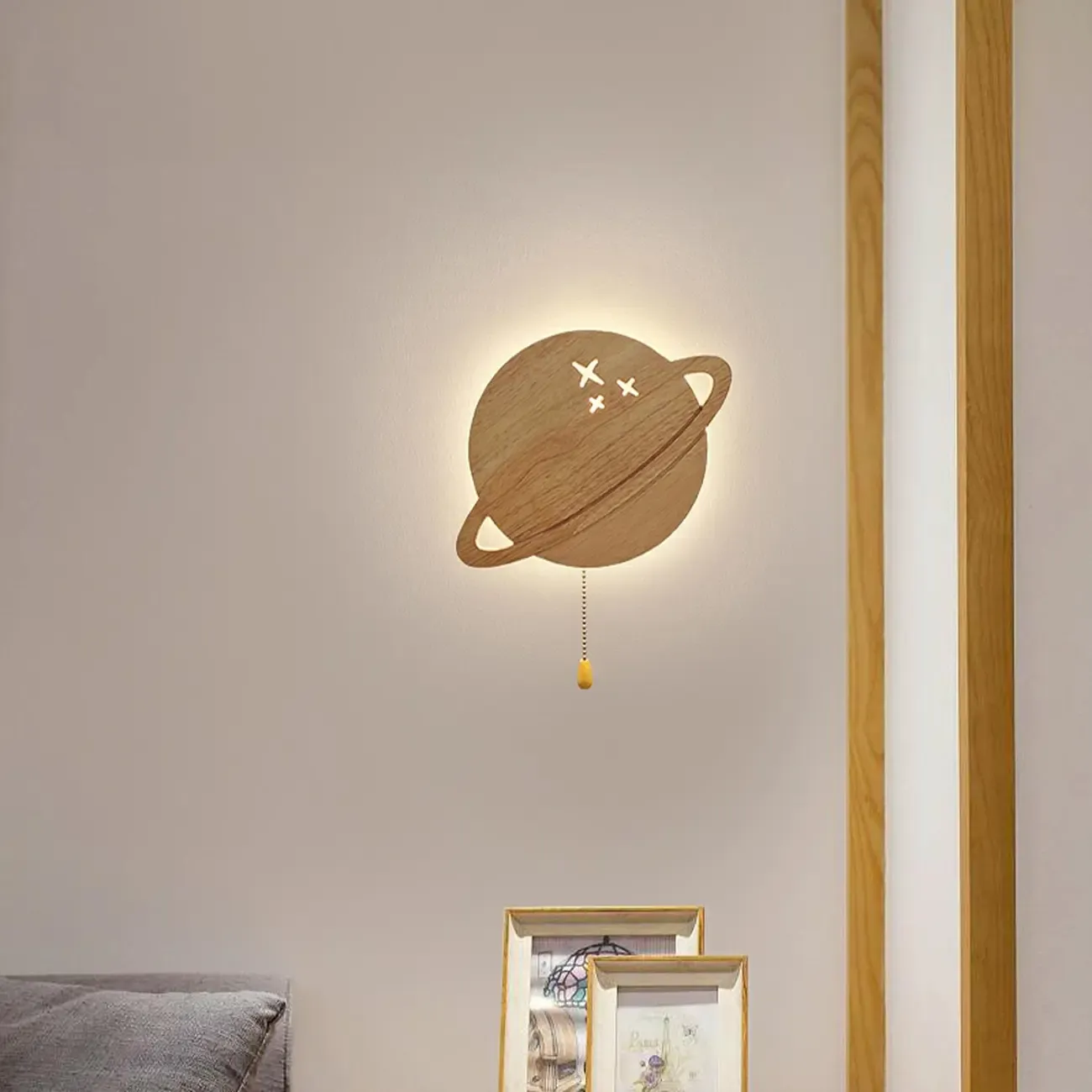 kids Moon-Shaped Wooden Wall Sconce for Bedroom Decor