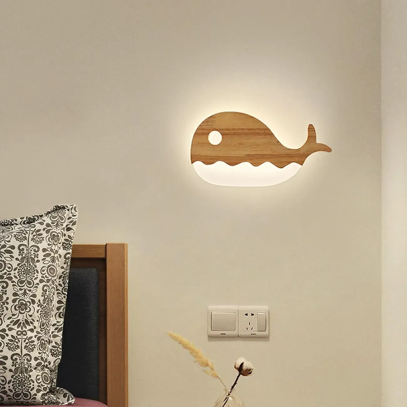 kids Moon-Shaped Wooden Wall Sconce for Bedroom Decor