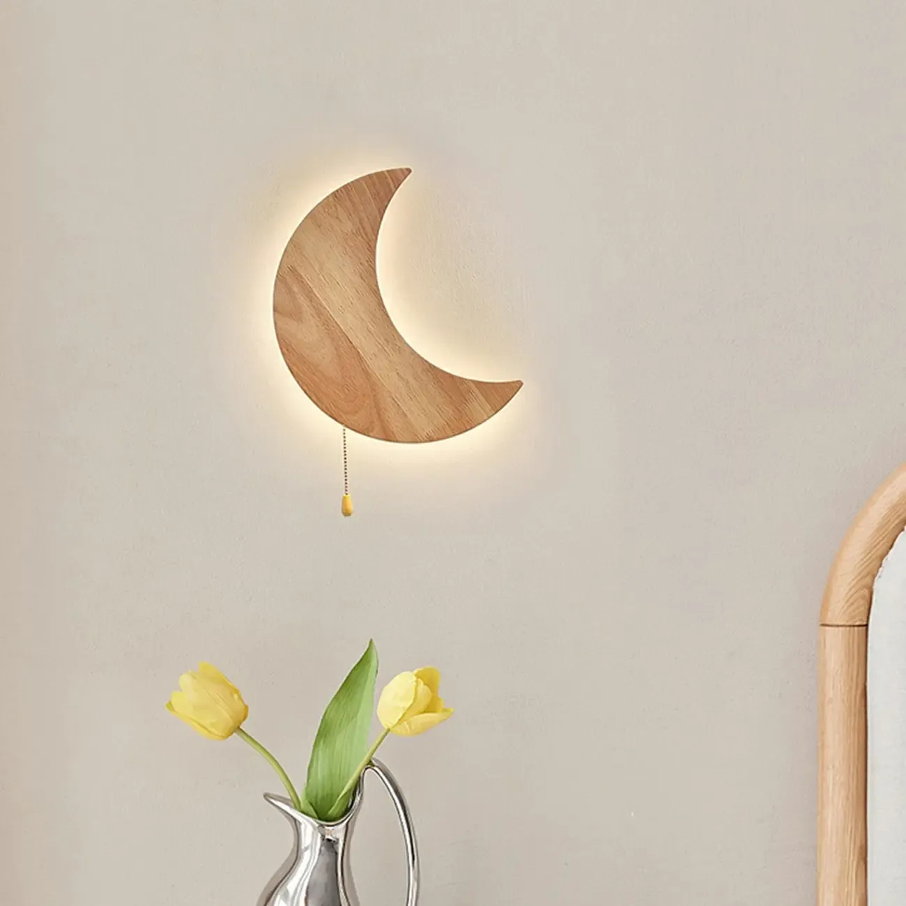 kids Moon-Shaped Wooden Wall Sconce for Bedroom Decor