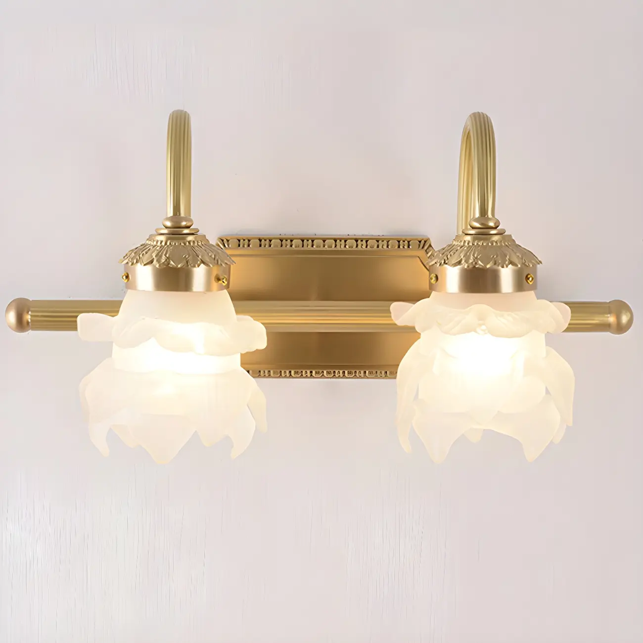 Modern Small Gold Arc 2-Light Vanity Light with Glass Shade | homeyfad