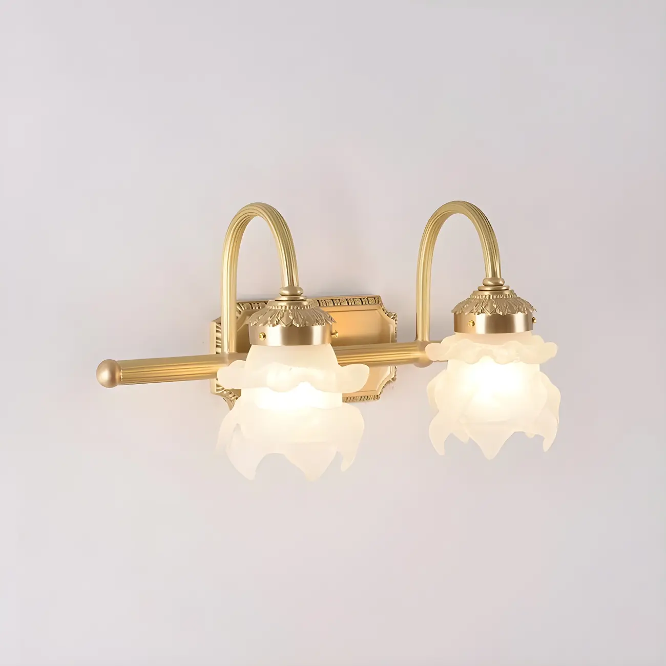 Modern Small Gold Arc 2-Light Vanity Light with Glass Shade | homeyfad